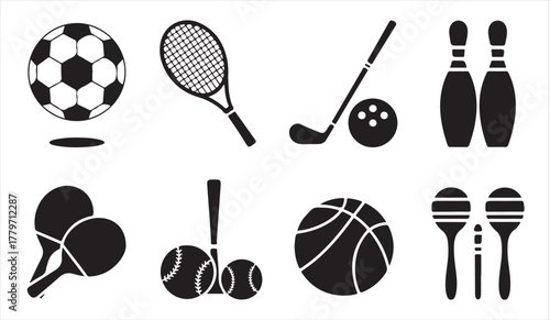 Vector illustration of sports icons including baseball, bowling, and tennis for recreation design