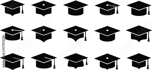 Graduation cap icons set, academic mortarboard silhouette collection for school, college and university ceremony, education success vector symbols for achievement and diploma celebration