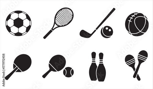 Sports equipment silhouette set featuring tennis racket, soccer ball, and golf club on white background
