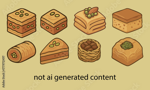 Baklava vector pack with delicious Middle Eastern and Mediterranean dessert variations. Includes pistachio, walnut, hazelnut, chocolate, Greek, Turkish, and Lebanese baklava styles.