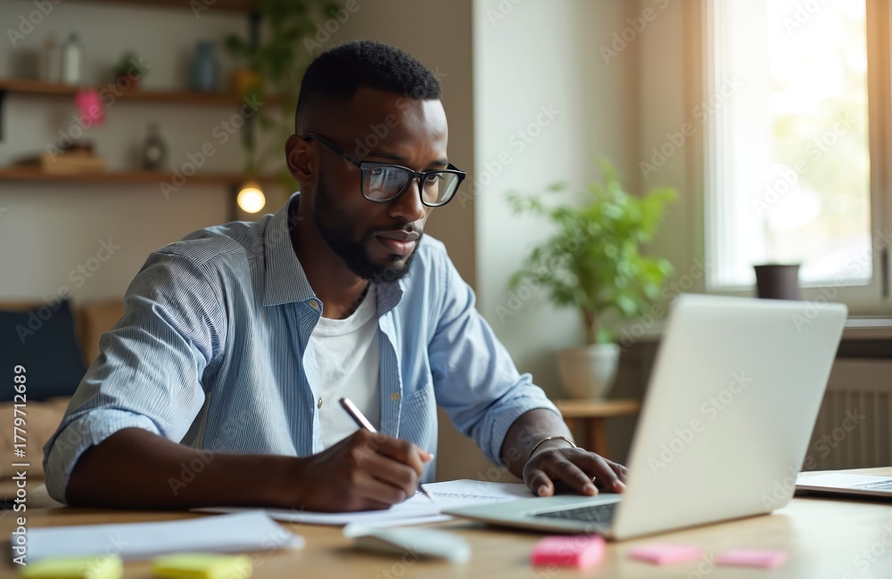 Obraz premium Black man works from home using laptop notebook. Focused businessman writes notes at desk. Remote job concept. Modern workspace with computer and green plant.