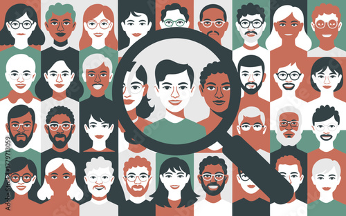 Diverse group of people's faces with a magnifying glass highlighting a few individuals, representing selection or target audience.