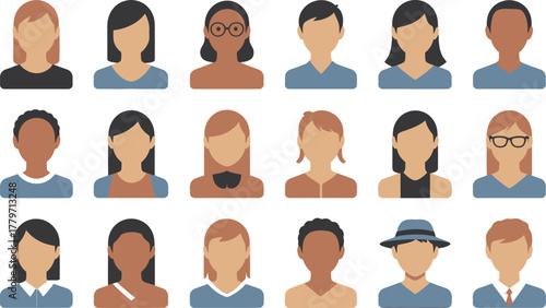 A collection of diverse, flat design user profile icons representing different people and genders.