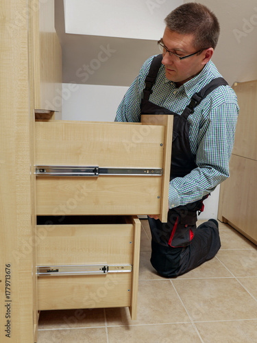 Carpenter installing wardrobe drawers in walk-in closet
