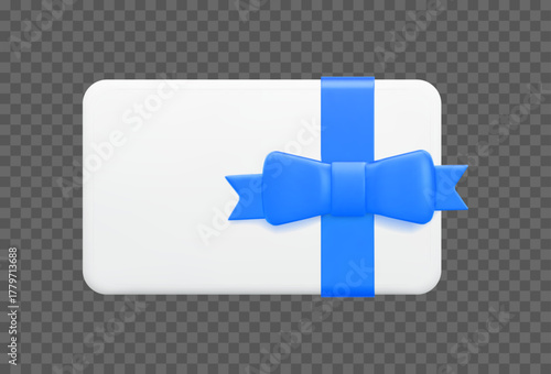 3d white gift card with blue bow. Winter gift certificate for promotion of goods for holidays, birthdays and discount coupon concept. Stock vector illustration on isolated background.	