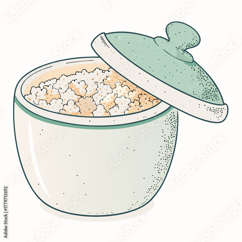 Popcorn in a decorative bowl with lid on white background  