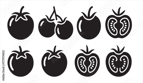 Black silhouette set of tomatoes representing organic vegetables and healthy food design