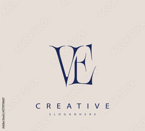 Sophisticated and stylish letter logo design featuring the combination of the letters V and E in dark blue color scheme perfect for branding stationery website headers or social media graphics
