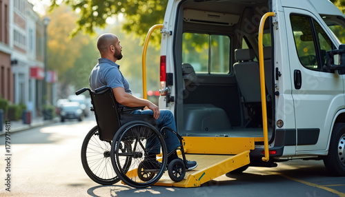Man in wheelchair uses van with an accessibility lift. Person with physical disability boards vehicle using ramp. Patient gets into public transport shuttle on city street.