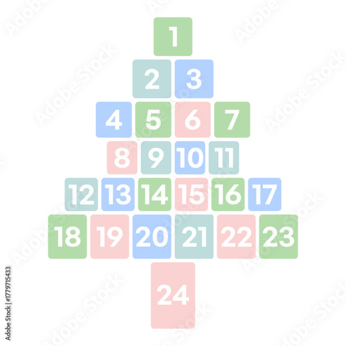 Pastel Christmas Advent Calendar Tree Vector With Number Blocks in Clean Modern Soft Color Holiday Layout