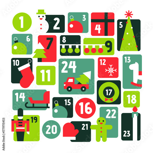 Whimsical Advent Calendar With Fun Christmas Icons and Festive Gift Countdown Holiday Blocks