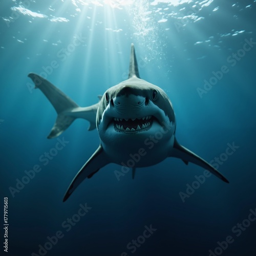 The picture shows a shark swimming in the deep ocean