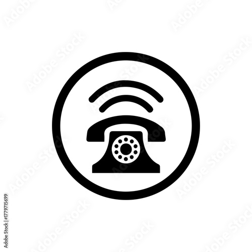 Retro telephone with sound waves signal in circle icon. Hotline or communication concept. Vector illustration for modern design