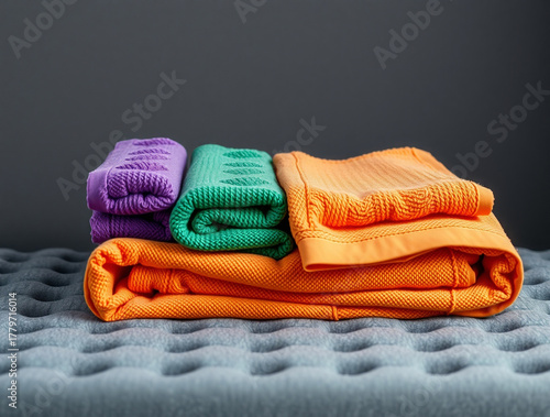 Stacked Folded Towels in Purple Green and Orange image