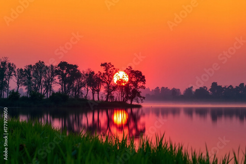 Sunrise over tranquil lake with silhouetted trees and vibrant sky