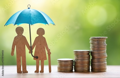 Wooden figures of senior couple under umbrella near coin stacks on blurred green backdrop. Concept represents savings insurance future retirement financial planning and support. © miss irine