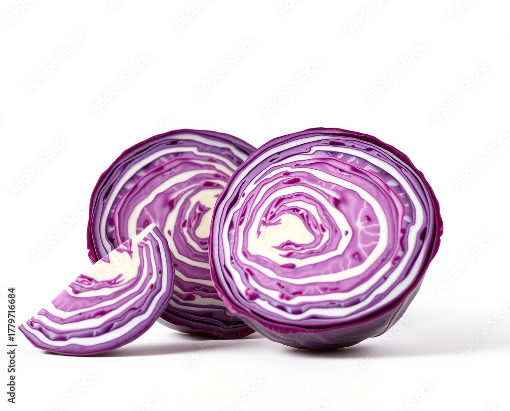 Obraz premium Vibrant Red Cabbage Halves and Wedge vegetable purple