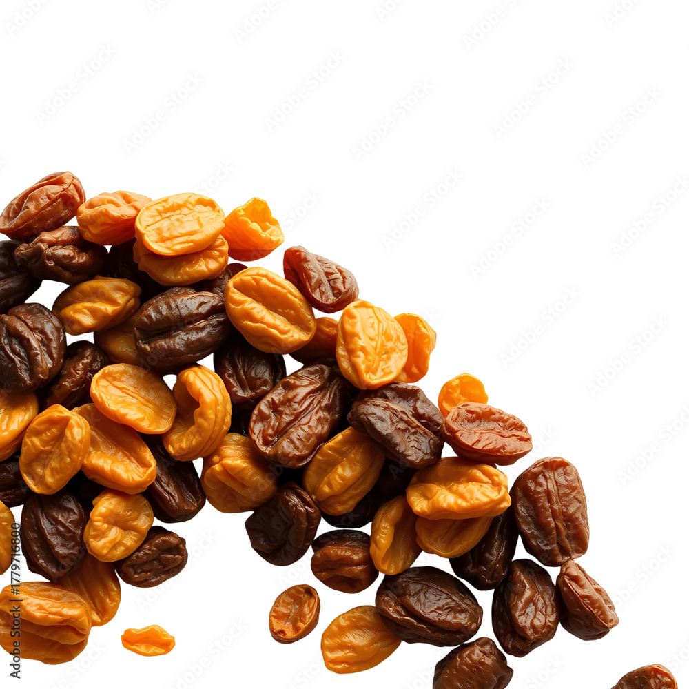 Obraz premium Photo of pile of dark brown and golden brown wrinkled raisins isolated on transpatent background