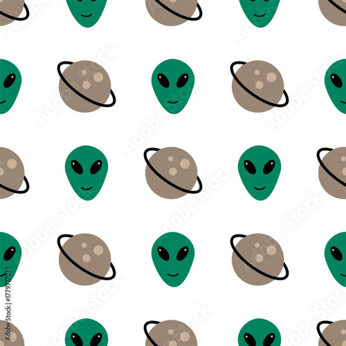 seamless pattern with green aliens and planets on a white background