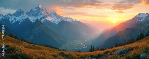 Snow-capped mountains at sunrise with vibrant pink flowers in meadow. Green valley with river below. Orange, yellow sky with sun shining. Majestic landscape with peaks, trees. Serene atmosphere in