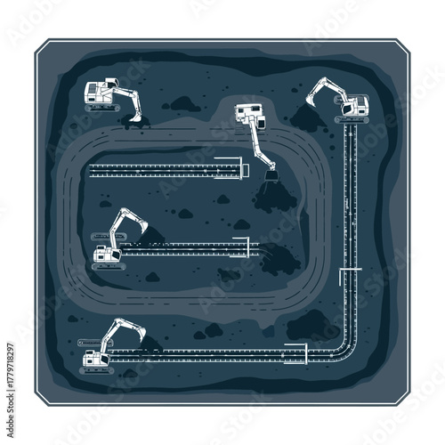 Overhead view of an industrial mining operation with excavators and conveyor belts moving materials.