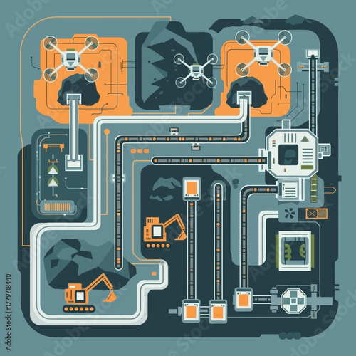 Illustration of a mining operation with drones and excavators.