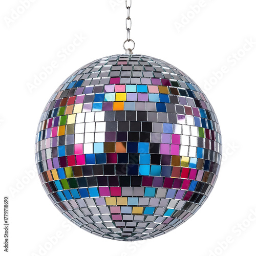 Festive disco ball reflects colorful light party celebration