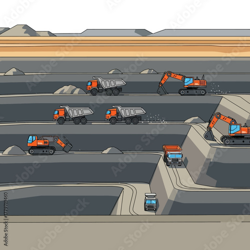 An aerial view of a large-scale open-pit mine with excavators and dump trucks actively engaged in excavation and transportation operations.
