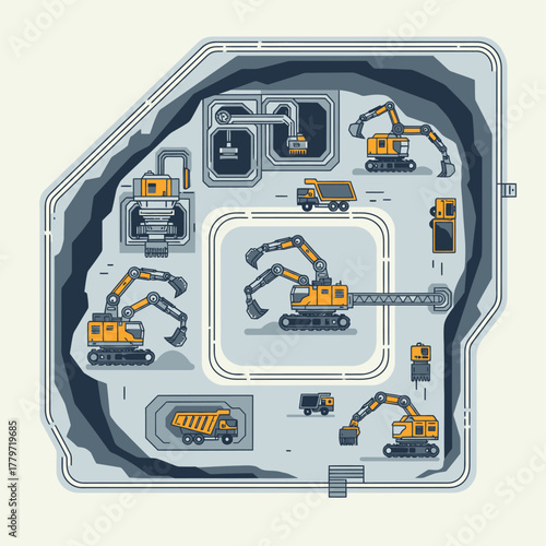 Overhead view of a detailed industrial mining operation with heavy machinery and processing units.