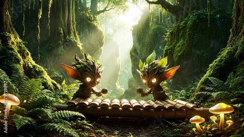 Enchanted Forest Pixies Playing Music on a Bamboo Xylophone.