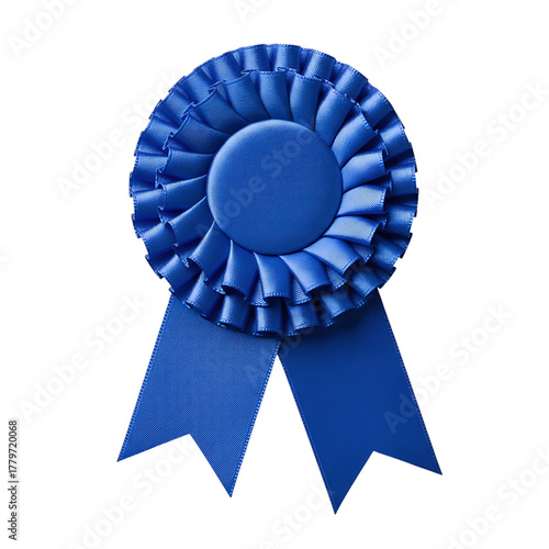 Blue ribbon rosette award achievement victory on black background
