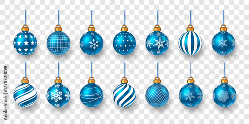 Blue Christmas Ornaments With Shiny Glossy Texture And Snowflake Patterns On Transparent Background. Elegant Festive Decoration For Winter Holidays And Celebration. Vector Illustration