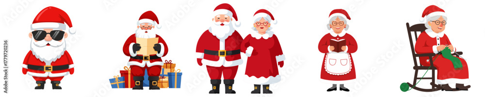 Fototapeta premium Mrs.Claus and Santa together in various cheerful poses and outfits, transparent background, isolated, vector, set