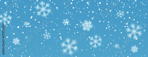 Winter Snowflake Background With Soft Falling Snow And Light Blue Sky. Minimal Festive Design Perfect For Christmas, Holiday, And Seasonal Projects. Vector Illustration