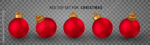 Red Christmas Ball Ornaments With Golden Caps On Transparent Background. Festive Decoration Elements For Holiday Design And Winter Celebration. Vector Illustration