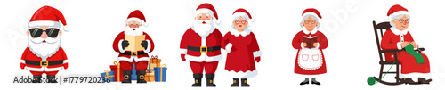 Mrs.Claus and Santa together in various cheerful poses and outfits, transparent background, isolated, vector, set