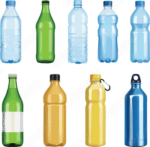 Collection of plastic, glass, and metal bottles in different shapes and colors for beverages, water, and juice packaging illustration set