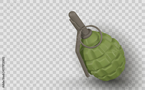 Realistic Green Hand Grenade With Metal Pin And Shadow On Transparent Background. Military Weapon Object For Army, Danger, Or Security Concept. Vector Illustration