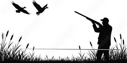 Hunter aiming shotgun at flying ducks in marshland, wildlife hunting silhouette scene with reeds, outdoor sport nature illustration for adventure and hunting theme vector