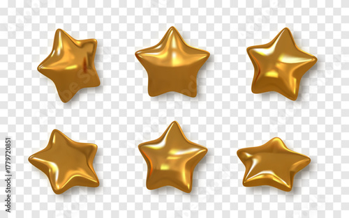 Golden 3D Star Set On Transparent Background. Shiny Metallic Decorative Element For Christmas, Celebration, or Luxury Design Projects. Realistic Render Vector Illustration