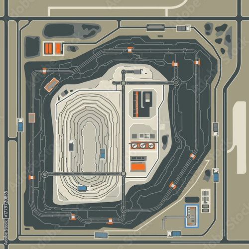 Overhead view of a large industrial complex featuring an open-pit mine, processing facilities, and extensive road networks.