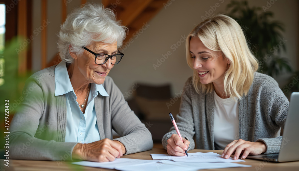 Fototapeta premium Adult daughter assists senior mother with important home paperwork, paying bills. Review financial documents. Young woman helps older mom understand legal forms, tech. Two smiling women work, discuss