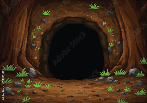 Dark cave entrance in forest ground surrounded by tree roots, grass, and rocks, detailed cartoon nature background for adventure or fantasy design