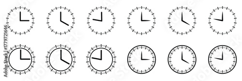 Clock dial watch face vector set. clock silhouette business vector icon bundle. Black clock icon collection with analog faces and clockwise arrows. Flat vector design for time and punctuality themes.