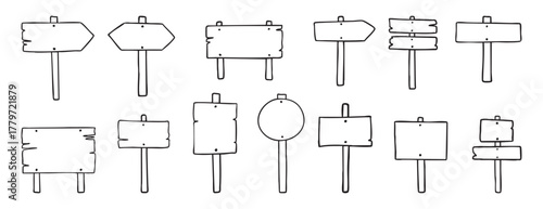 Road direction sign doodle set wooden signboard travel 