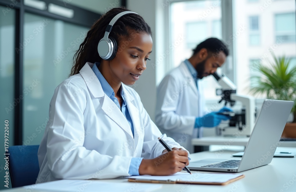 Obraz premium African woman scientist in white lab coat takes notes on clipboard, uses laptop. Wears headphones, writes report for medical research. Young man works with microscope, conducts analysis. Diverse