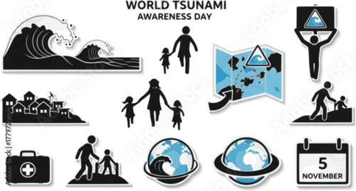 World tsunami awareness day illustration, silhouette of people helping each other during a tsunami
