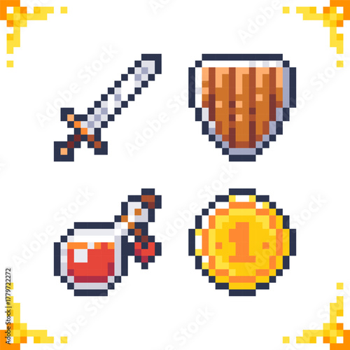 A set of pixel art icons of a basic warrior or adventurer set for an RPG game. Perfect for a 2D RPG game. 16x16 pixels.