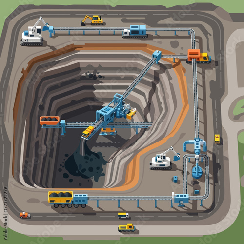 Overhead view of an open pit mine with various mining vehicles and equipment.