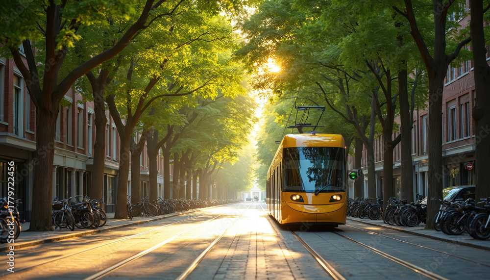 Obraz premium Bright sunlight illuminates clean city street with modern yellow tram. Green trees line road, shading classic brick buildings. Many bicycles park along sidewalks. Scene shows sustainable urban